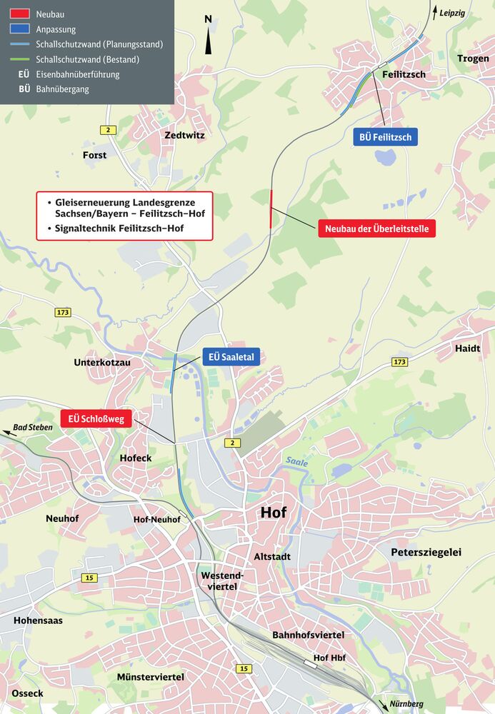 Karte mit eingezeichneter Bahnleitung, Hof präsent im Bild