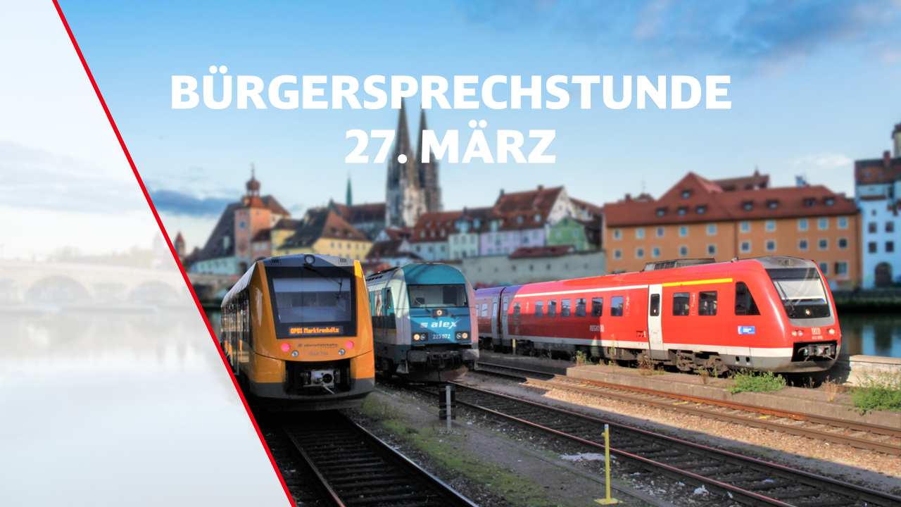 Drei Züge vor dem Stadtbild Regensburgs. Oberhalb der Schriftzug: "Bürgersprechstunde 27. März"