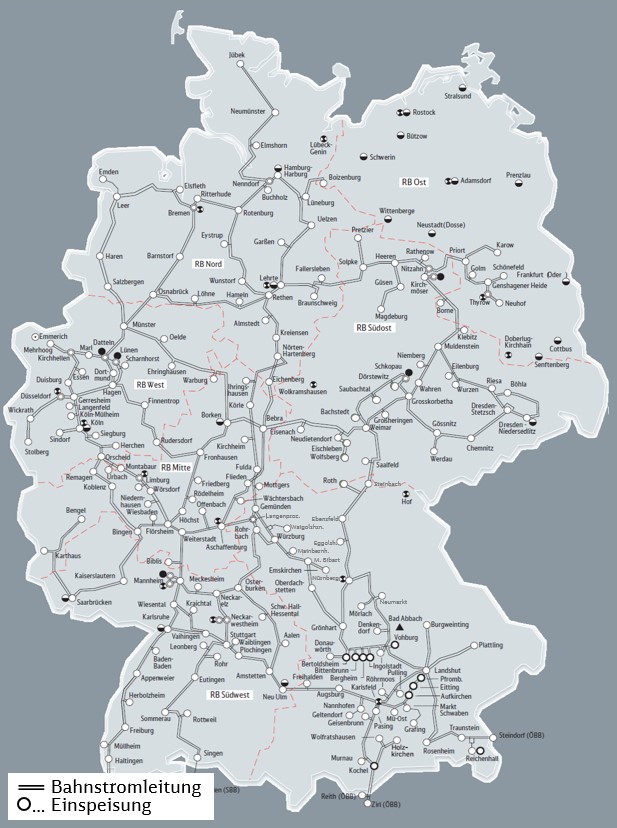 Grafische Darstellung des Bahnstromnetzes in Deutschland