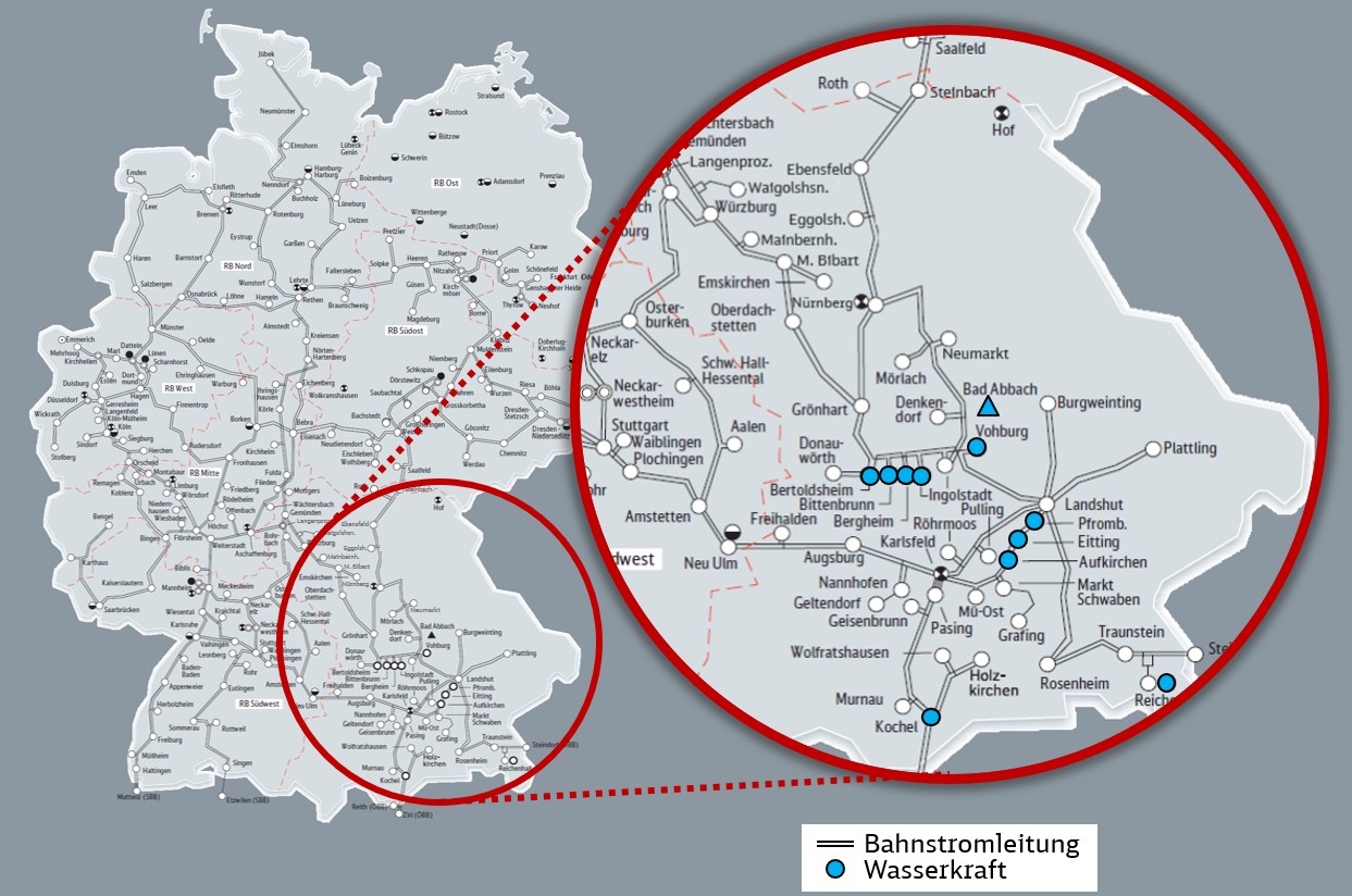 Übersichtskarte Wasserkraft und Bahnstrom in Bayern
